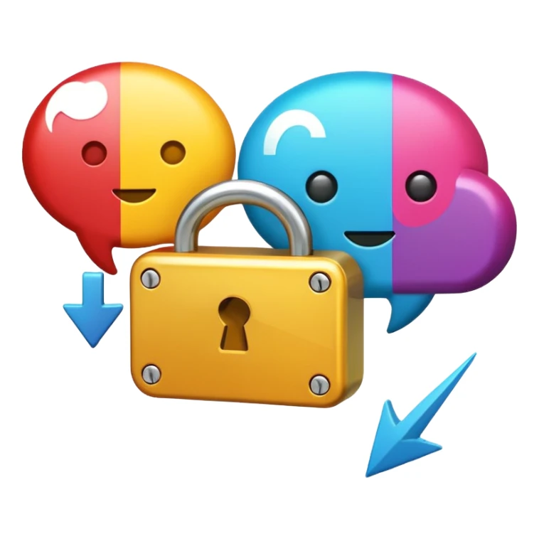 Slack emoji icon two chat bubbles, one with padlock and other with small external arrow, indicating conversation blocked due to external party, bold lines clear shapes sticker