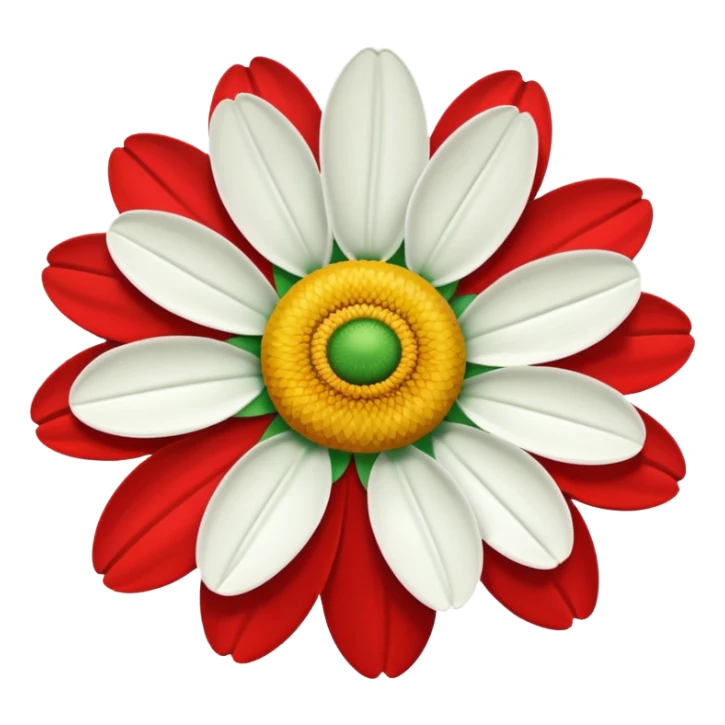 A daisy with ten petals, with green, red and white petals and a yellow centre. sticker