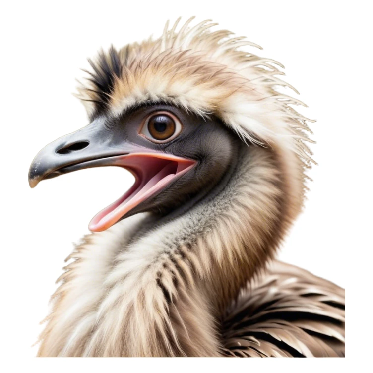 Cinematic Cute Yawning Emu Portrait Emoji, Head tilted slightly with a dramatic, wide-open yawn, showcasing a soft, downy brown plumage with gently drooping feathers and eyes barely open in drowsy contentment, Simplified yet irresistibly adorable features, highly detailed, glowing with a soft, cozy glow, high shine, relaxed yet expressive, stylized with a touch of outback charm, bright and endearing, soft glowing outline, capturing the essence of a sleepy yet affectionate emu, so drowsy it feels like it could stretch out of the screen and curl up for a nap! sticker