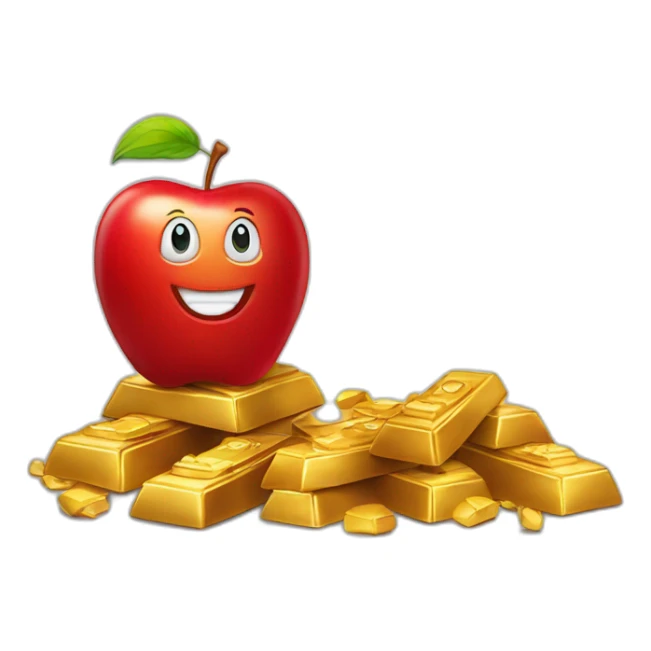 smiling red apple standing on a pile of gold ingots sticker