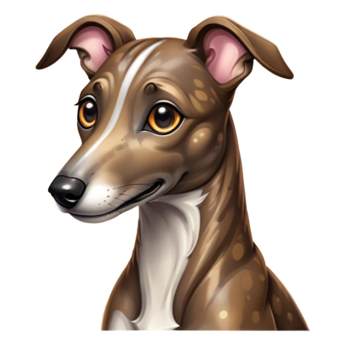 Cinematic Cute Brindle Greyhound Portrait Emoji, Head tilted playfully and inquisitively, featuring a sleek brindle Fur with subtle variations and round, sparkling eyes filled with curiosity, Simplified yet irresistibly adorable features, highly detailed, glowing with a warm, friendly glow, high shine, affectionate and nimble, stylized with a touch of whimsy, bright and endearing, soft glowing outline, capturing the essence of a mischievous yet loving companion, so playful it feels like it could sprint out of the screen and into your arms! sticker