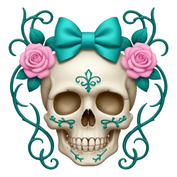 Skull with Pink bow with vines and teal roses sticker