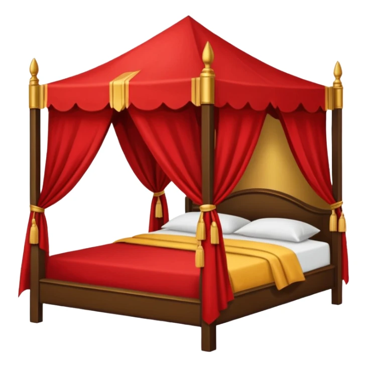 bed with red and gold sheets, wooden, canopy, simple, dark, no-tent sticker