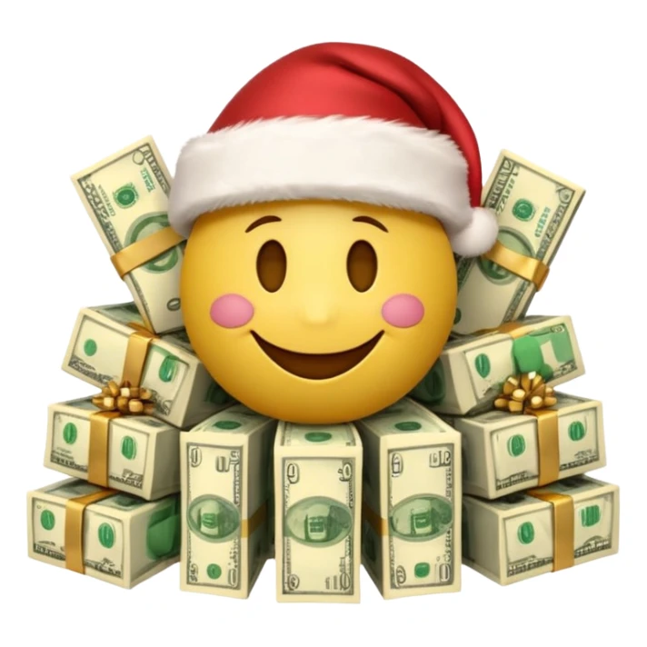 A festive 3D emoji style yellow smiley face wearing a Santa hat, surrounded by stacks of cash and dollar bills, joyful expression, Christmas and New Year theme, high quality, clean design, studio lighting, no text, no background, isolated object, transparent background, emojis.com style sticker