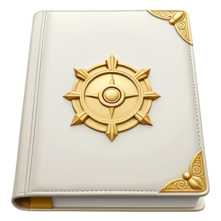 A white leather book with golden accents, smooth and polished, embossed with a symbol of six pillars,, radiating strength, confidence, and the power of self-worth.  sticker