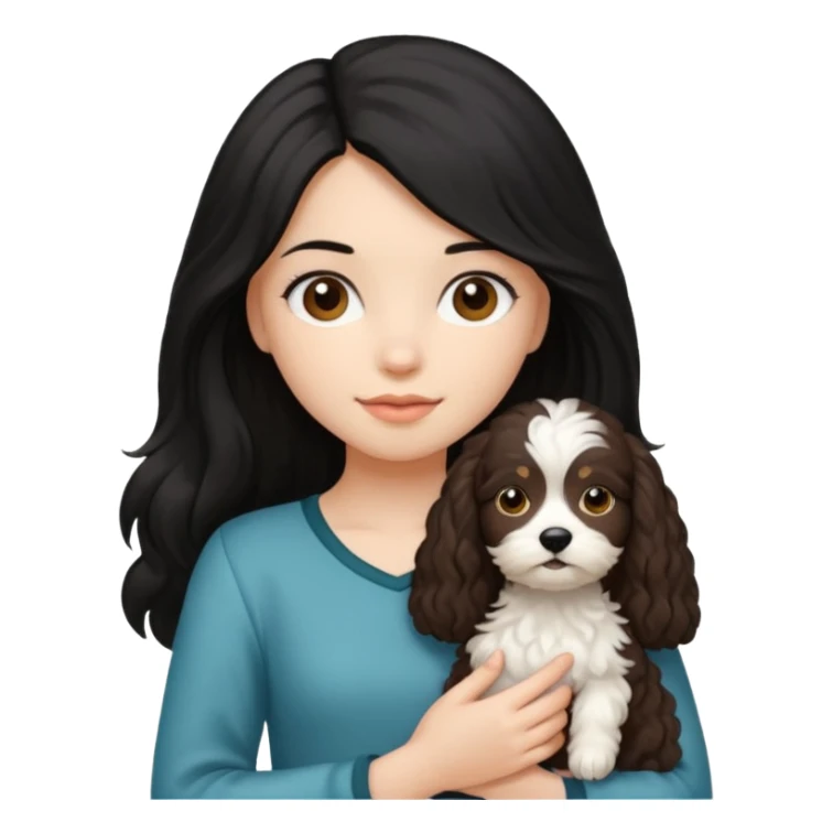 Make a girl with long black silky  hair holding a cockapoo sticker