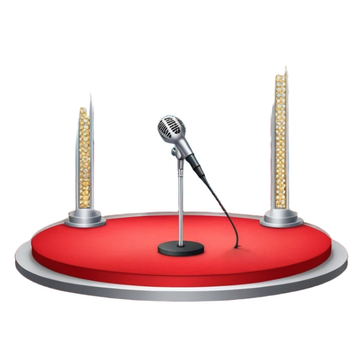 Create a glamorous and vibrant emoji that represents pop or stage vocal performance. The design should feature an empty stage with concert lighting. Include elements like an iconic stage microphone with a sparkling, rhinestone-studded microphone stand, set on a red carpet, a celebratory firework display in the background and a ribbon of musical notes flowing around the scene to symbolize the performance's energy. Use bright colors like gold, red, and silver to emphasize the excitement and glitz of the pop vocal world. The background should be transparent. sticker