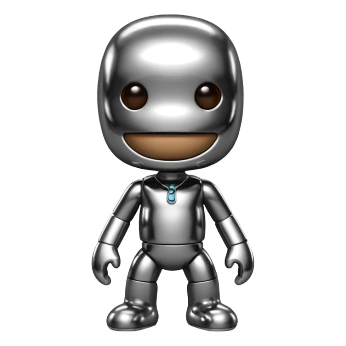 Turn this Sackboy character in the photo into 3D chrome metallic style, highly reflective and shiny, with realistic details sticker