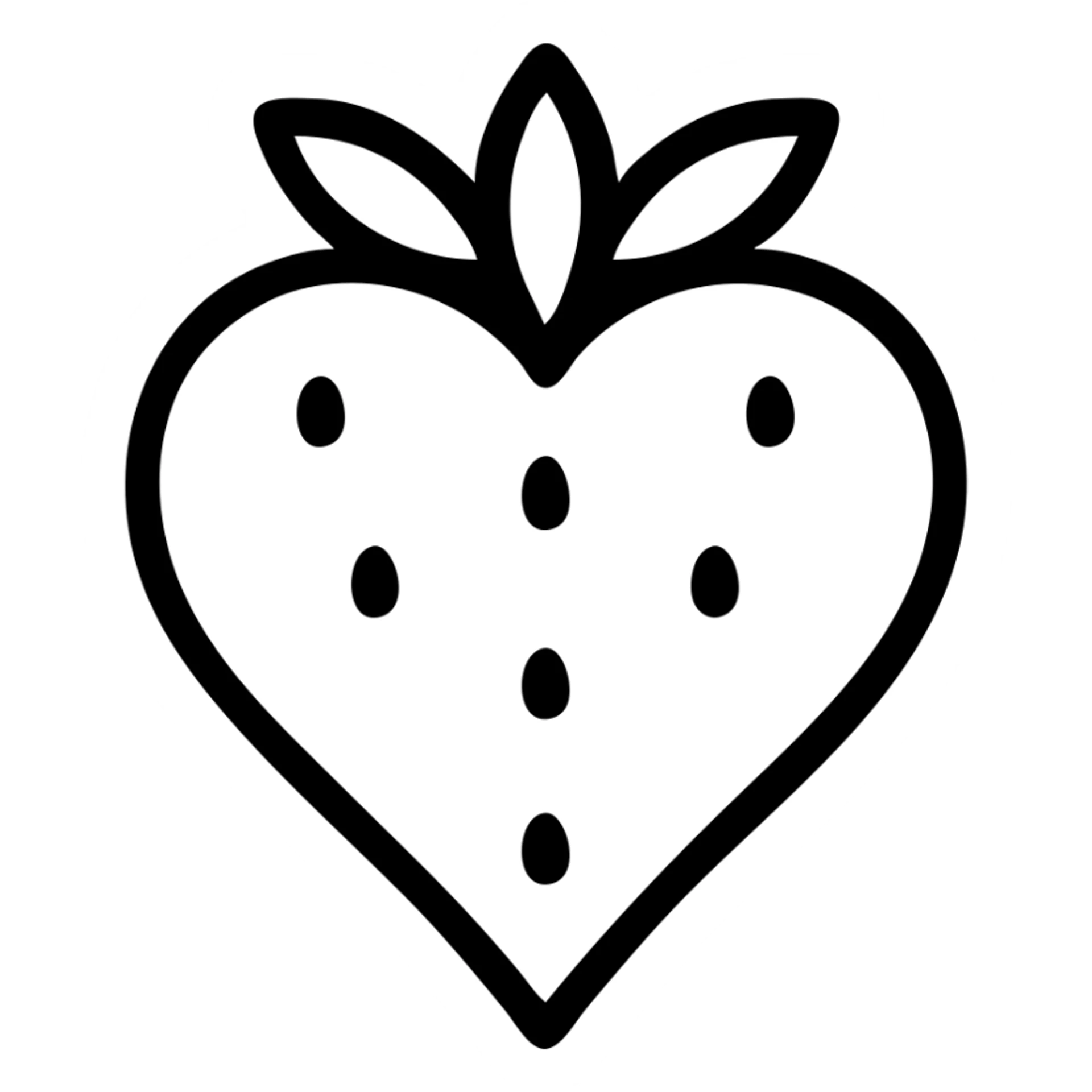 heart-shaped strawberry, outlined icon style, red fill, black outline, green leaves sticker
