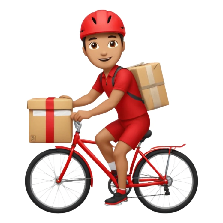 male delivery worker in a bright red dress cycling, holding a parcel sticker