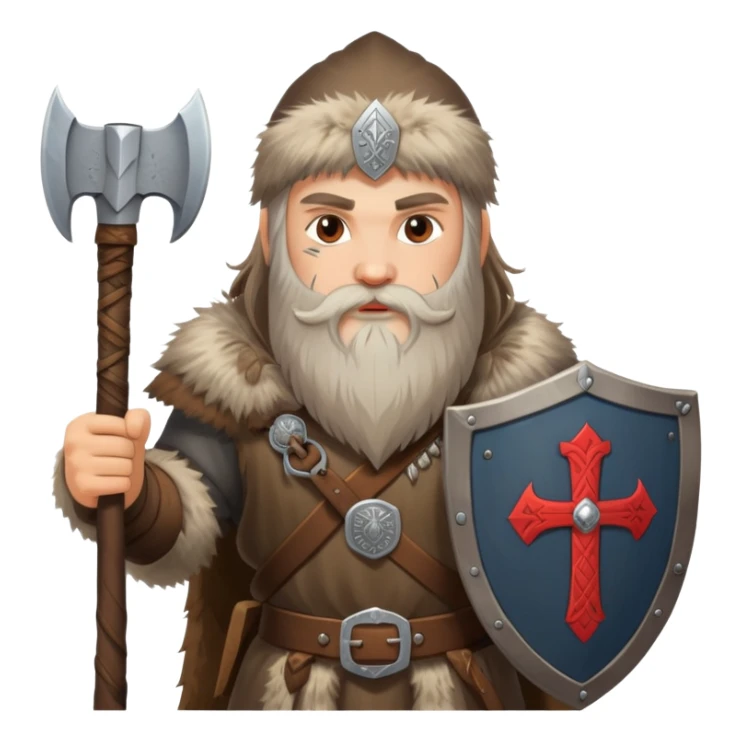 Russian pagan warrior with fur clothing, axe, shield with Slavic symbols, long beard sticker
