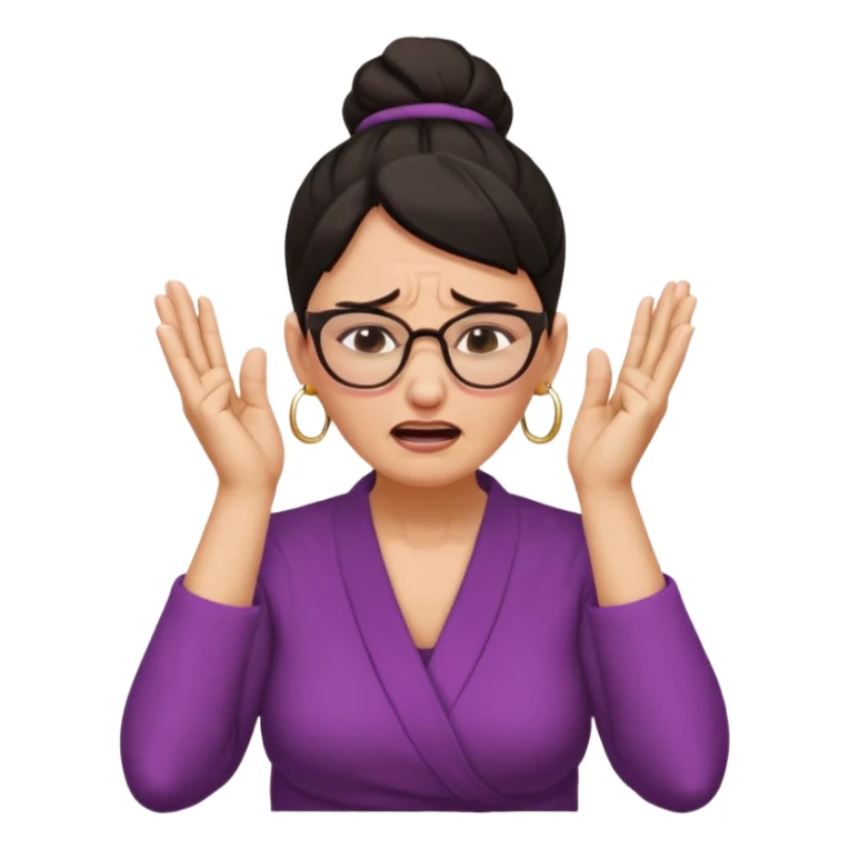  middle aged woman with dark hair pulled up in a high bun, wearing round ring earrings and glasses, expression extreme pain on her face, covering her ears with her hands very painful expression on her face, eyes squeezed shut, wincing in pain covering her ears with her hands sticker