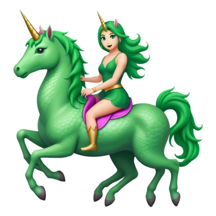 reptilian green woman, rides unicorn
 sticker