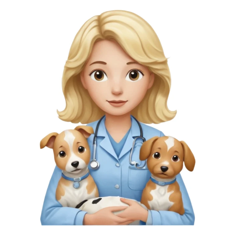 Joven mujer, de cabello bajo los hombros rubio con ondas, veterinaria de perros, vacas y caballos, con traje clínico celeste, sin delantal blanco sticker