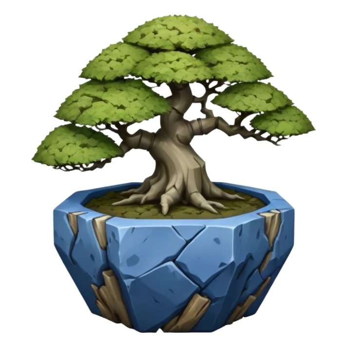 Korean very old broken Stone Age rocky-crusted polyhedron-shaped shallow dark moss rough bark blue maple tree bonsai pot sticker