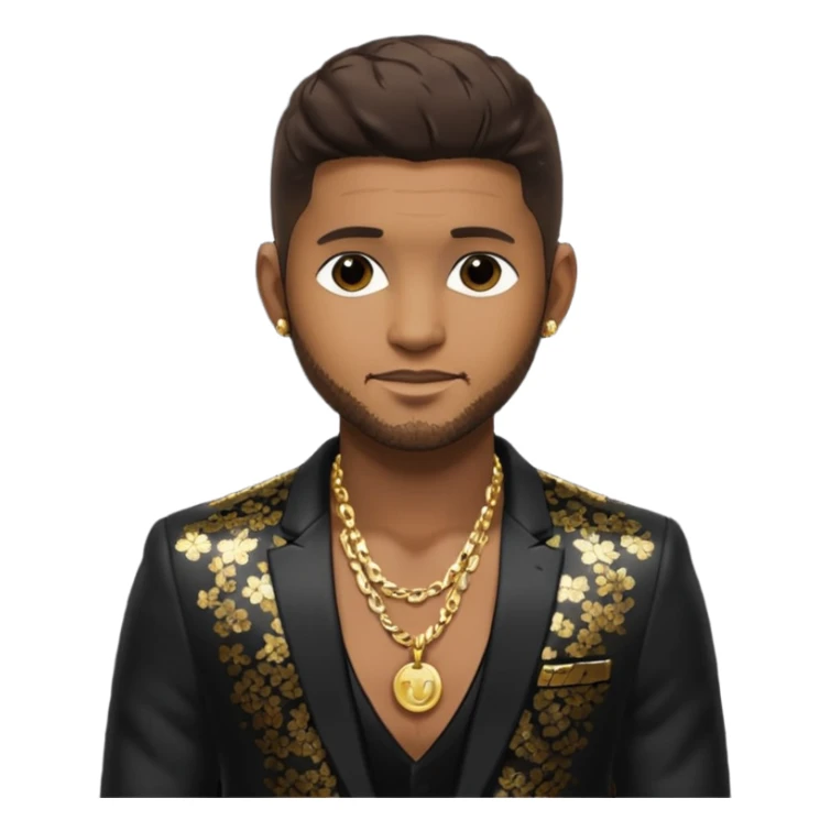 Usher with dark brown hair, black sequin suit jacket, shirtless with necklace sticker