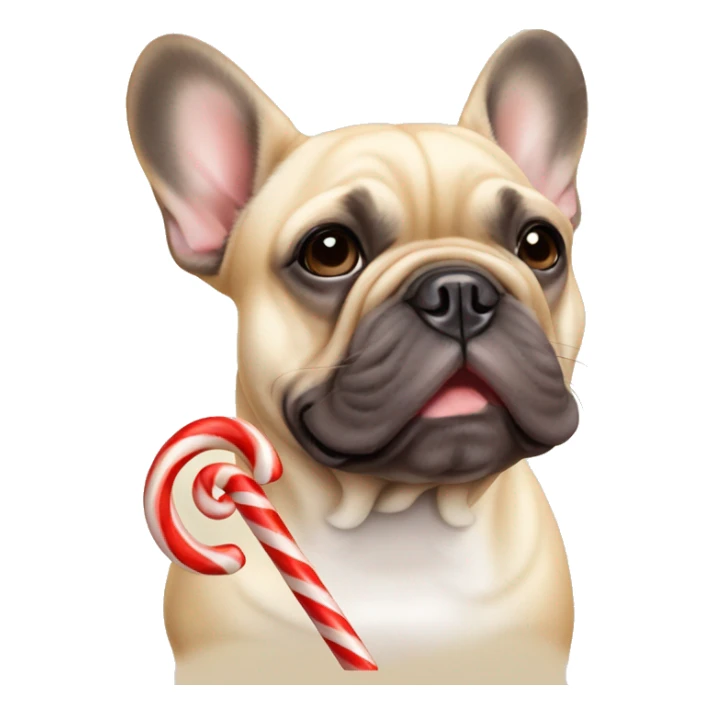 Tan French bulldog with a candy cane sticker