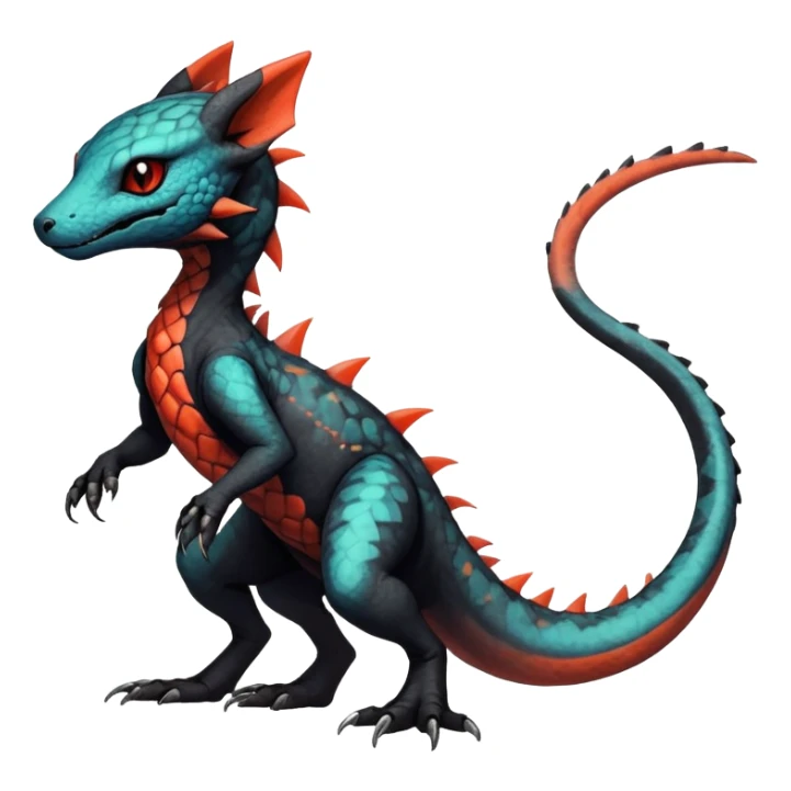 Rare realistic exotic edgy warm-colored dark gothic cool badass epic pretty beautiful handsome gorgeous aesthetic colorful vibrant Vernid-Trico-species-Fakemon-Salandit-hybrid-creature by LiLaiRa, 4 legs, 1 tail, random markings, (full body) sticker