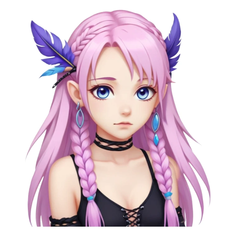 Gorgeous beautiful pretty grumpy anime lady long-pale-whitish-pastel-pink-hair with one braid on each side, hanging purple feather-ear-cuffs with pink tips in hair, black bodysuit, blue eyes, pink iris, ethereal, fashion aesthetic  sticker