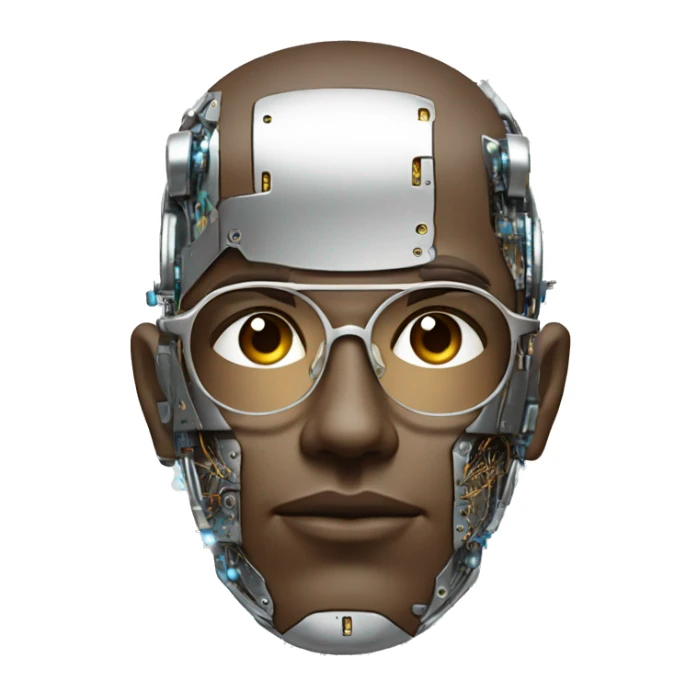 Male cyborg head with metallic plated face, brown flat top, glasses and circuits sticker
