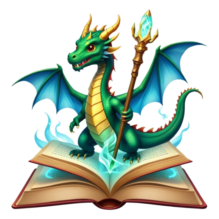 Icon for Fantasy and Sci-Fi Literature: a magical book with glowing pages, surrounded by a dragon, a spaceship, and a wizard with a staff. The icon should capture the adventurous and imaginative world of fantasy and science fiction. Transparent background. sticker