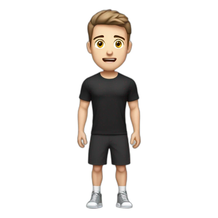 amazed Open with surprise mouth Pale skinned Fit Man With the biceps and dark brown hair in black shirt, gray sports shorts and white Sneakers sticker