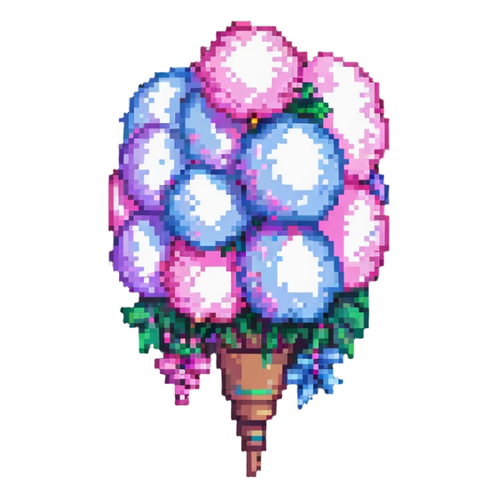 fluffy, smooth cotton candy in pastel pink, pixel art style sticker