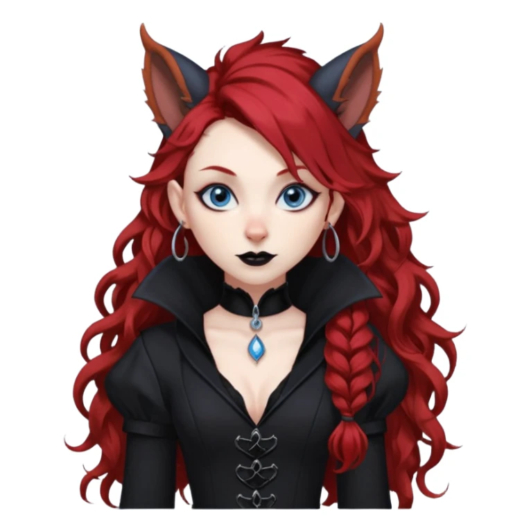  long curly red hair (darker), red pointed ears with black trim, black goth outfits, body and face human, blue eyes, more pointy chin, black lipstick, big fluffy red squirrel tail with black tips, like the attached photo with more outfits and poses,  sticker