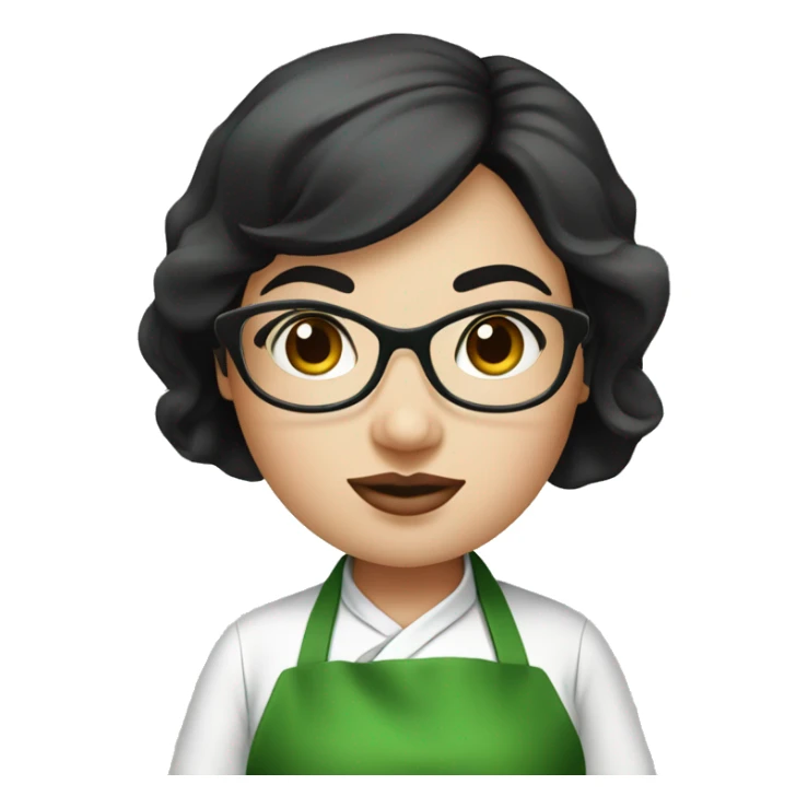 chubby lady with black hair and big eyes green apron  with glasses cooking  sticker