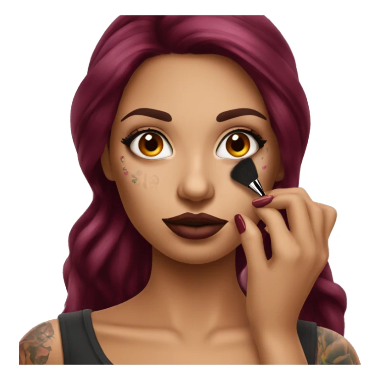 Beautiful tattooed burgundy long haired woman doing her makeup sticker