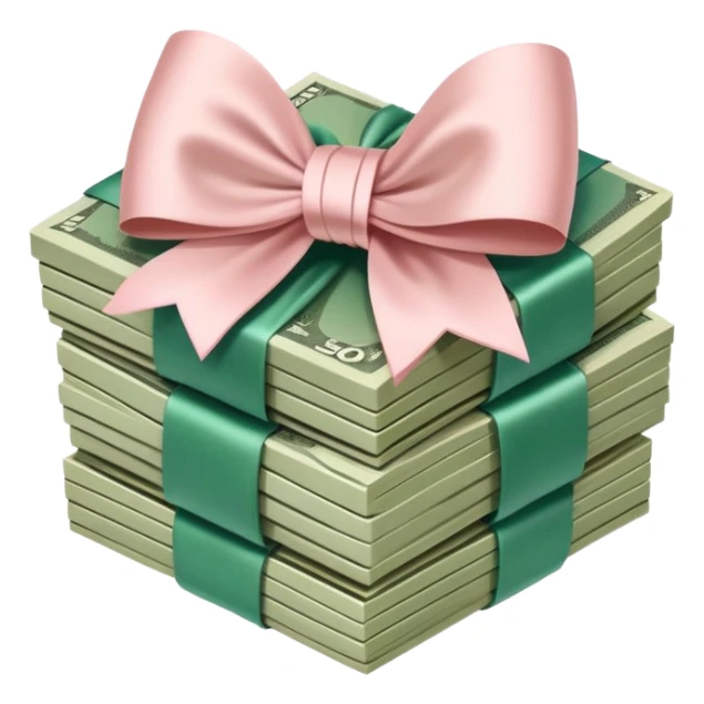 Neat money stack tied with a blush satin bow, muted green bills, soft luxury rich sticker