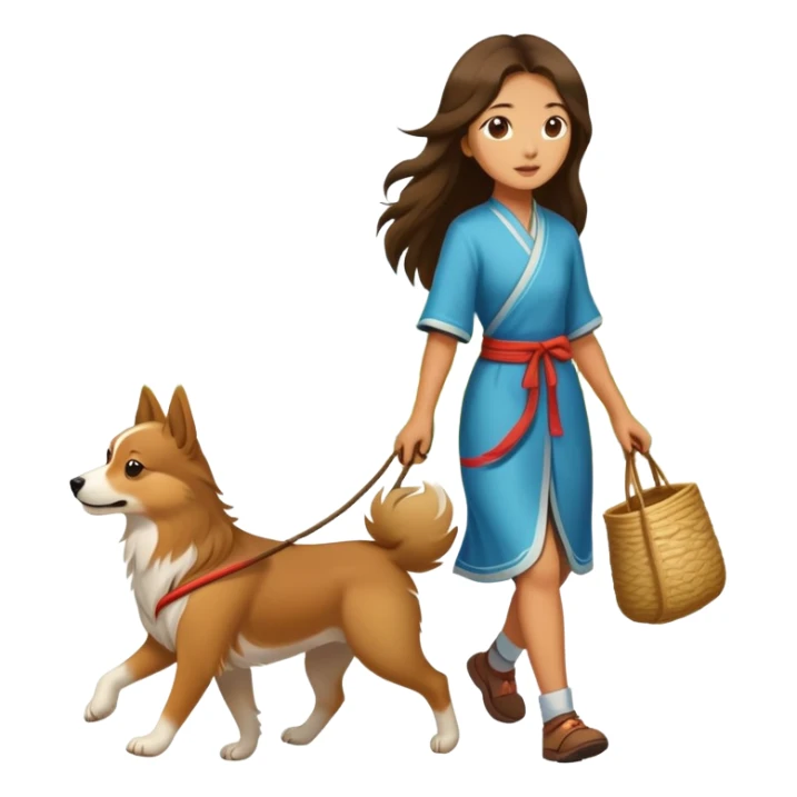 A long-haired girl walking a Chinese rural dog sticker