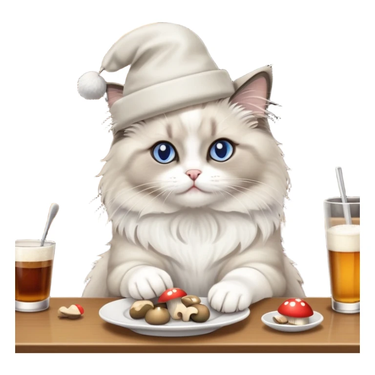 A ragdoll cat eating mushrooms in a bar sticker