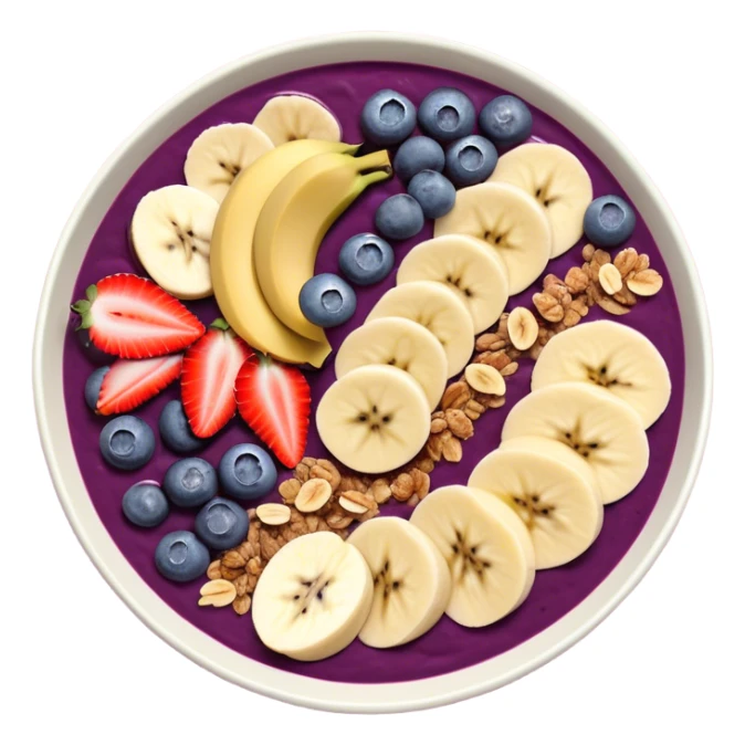 A delicious açaí bowl with a smooth, deep purple base, topped with neatly arranged banana slices, fresh strawberries, blueberries, and granola. The bowl is simple and modern, with a clean, flat illustration style. No shadows or gradients, perfect for a minimal and modern aesthetic. sticker