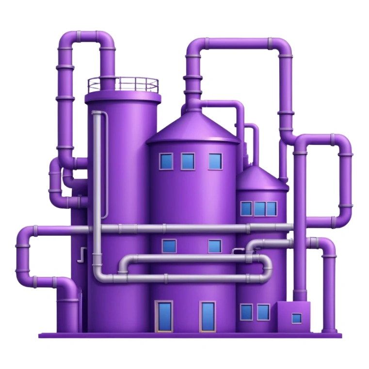 Minimalistic factory building in purple and violet tones, with pipes, sticker