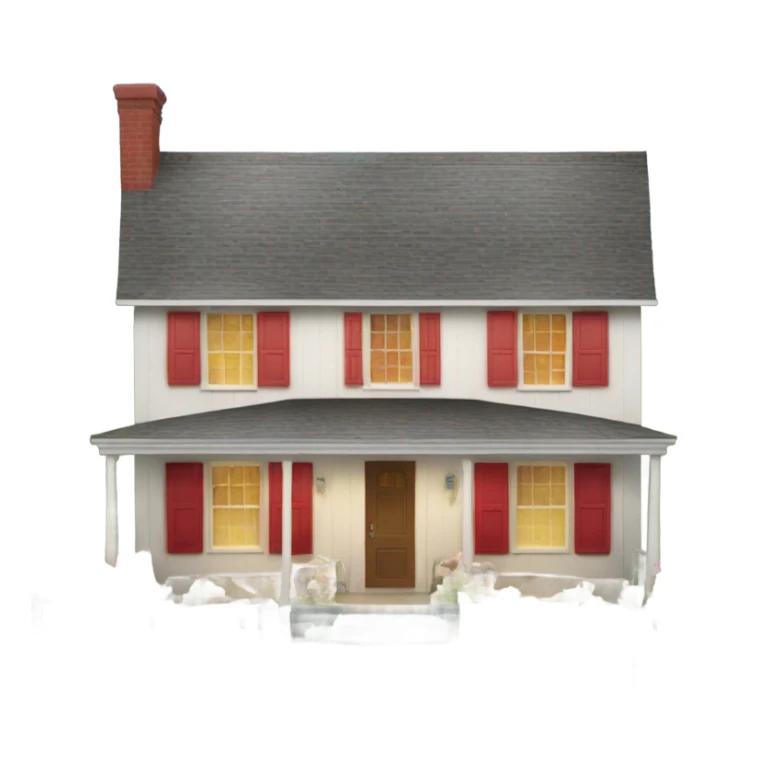 One story cottage with red shutters and a porch sticker
