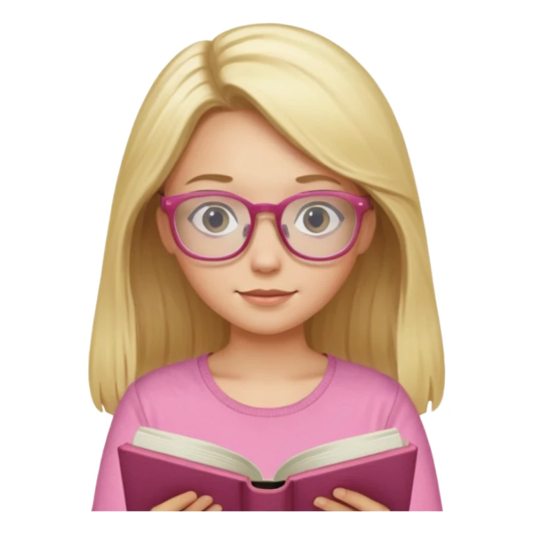long hair blonde girl pink top with glasses reading sticker
