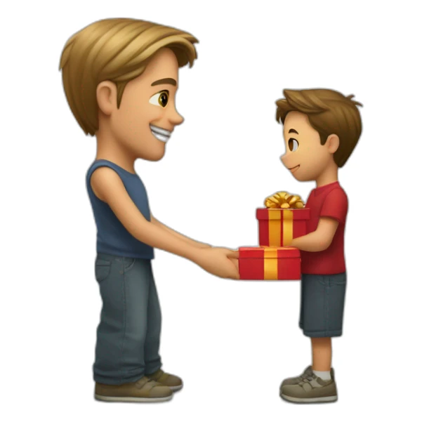Brad Pitt on the left giving a red present to a smaller young student on the right sticker
