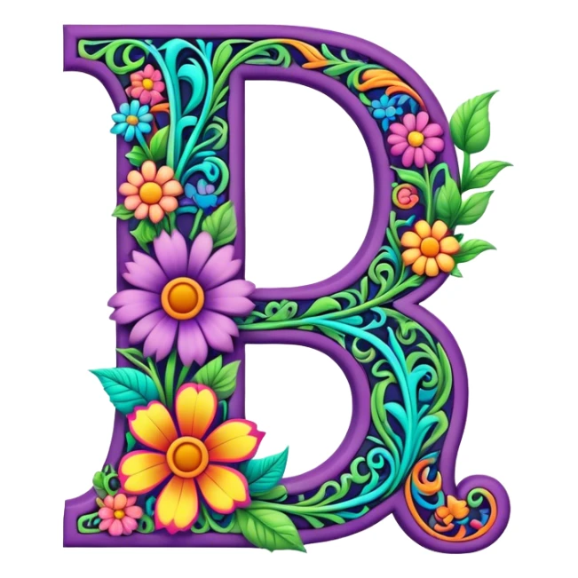 3D, gothic style psychedelic colored capital Letter “J” with hippie style flower border sticker