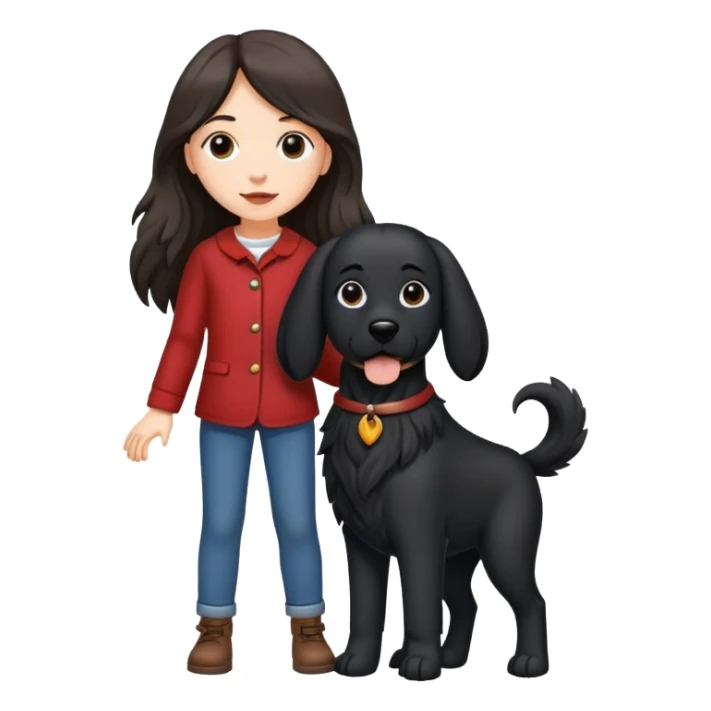 A long-haired girl is holding a big black dog with standing ears sticker