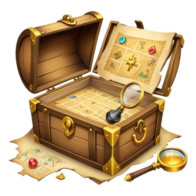 An icon depicting a treasure map with an open chest, surrounded by clues and mysterious symbols. A magnifying glass hovers over the map, symbolizing the thrill of discovery and adventure. Set on a transparent background, it should evoke the excitement of solving puzzles and exploring new worlds. sticker