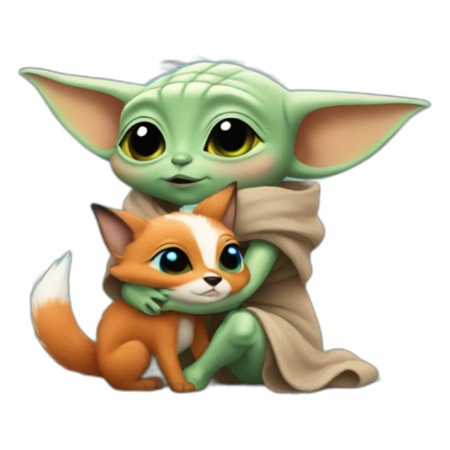 baby Yoda hugging little fox with blue eyes sticker