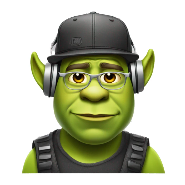 serious shrek being a dj, with a cap and silver glasses sticker