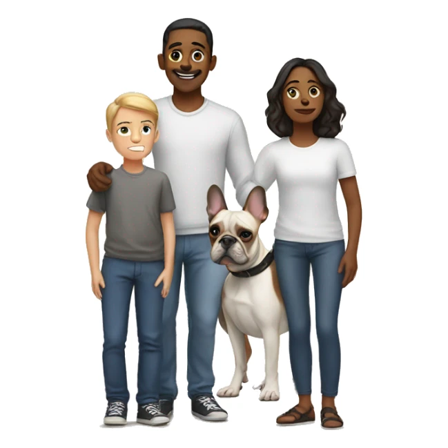 parents standing behind 3 boys, one french bulldog sticker