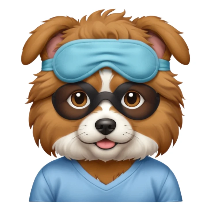 a dog with sleep mask and wearing shirt sticker