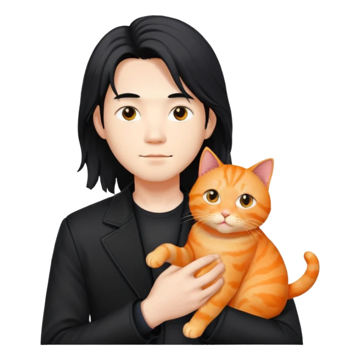 Long hair asian men wearing black jacket with an orange cat sticker
