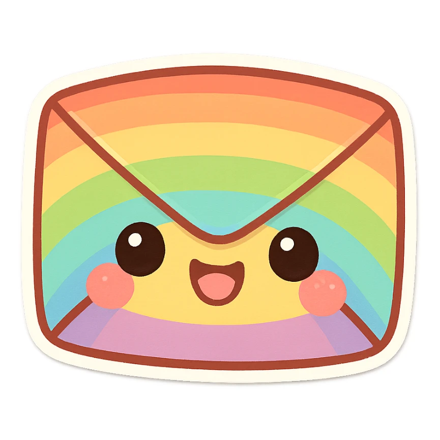 chibi sticker-style rainbow envelope, cute and exaggerated sticker
