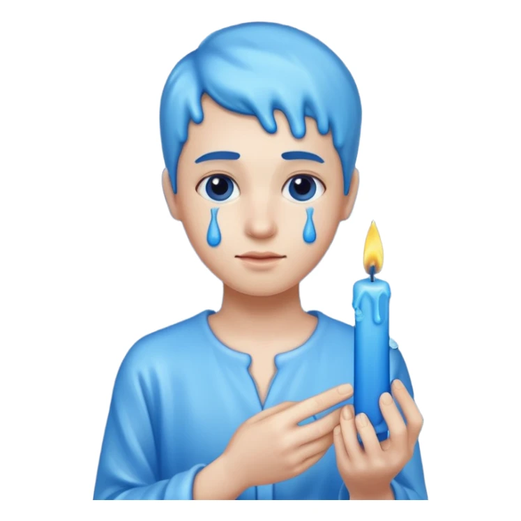 A blue candle held by a hand at 45 degree angle, wax dripping down sticker