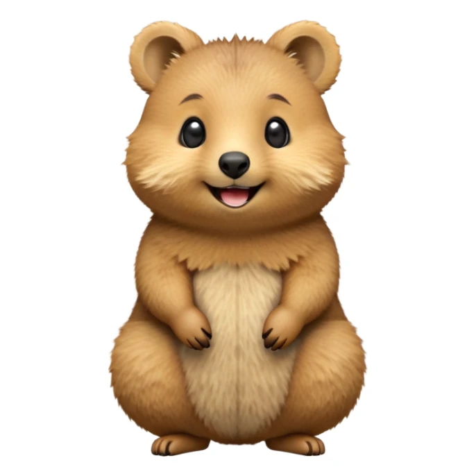 cinematic-realistic quokka-emoji,-small-round-frame-balanced-on-tiny-strong-hind-legs, head tilted in an endearing manner, comical smil, giant-fluffy-cheeks-large-smile-fluffy-brown-fur-radiating-a-warm-softness,-big-round-eyes-filled-with-joy, realisticround  fluffy zoomed in, large black eyes sticker