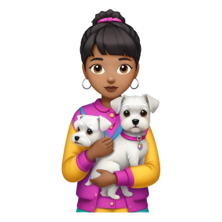 Black girl with short bangs holding a white schnauzer dog, colorful clothes sticker